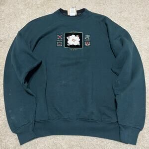 Vintage Morning Sun Top Stitch  Floral Embroidered Green Crewneck Large